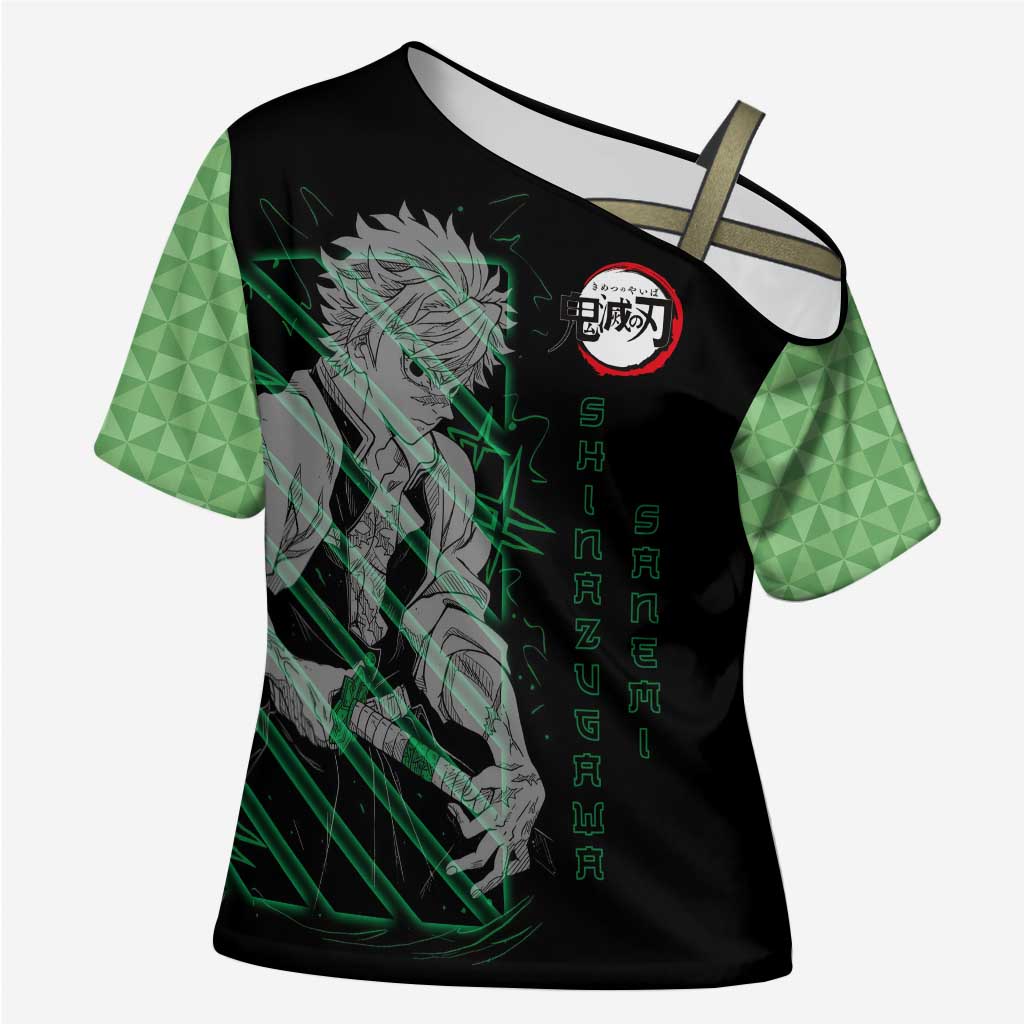 Shinazugawa Sanemi Demon Slayer Cross Shoulder Shirt with Green and Black Grid Style Design - The Mazicc