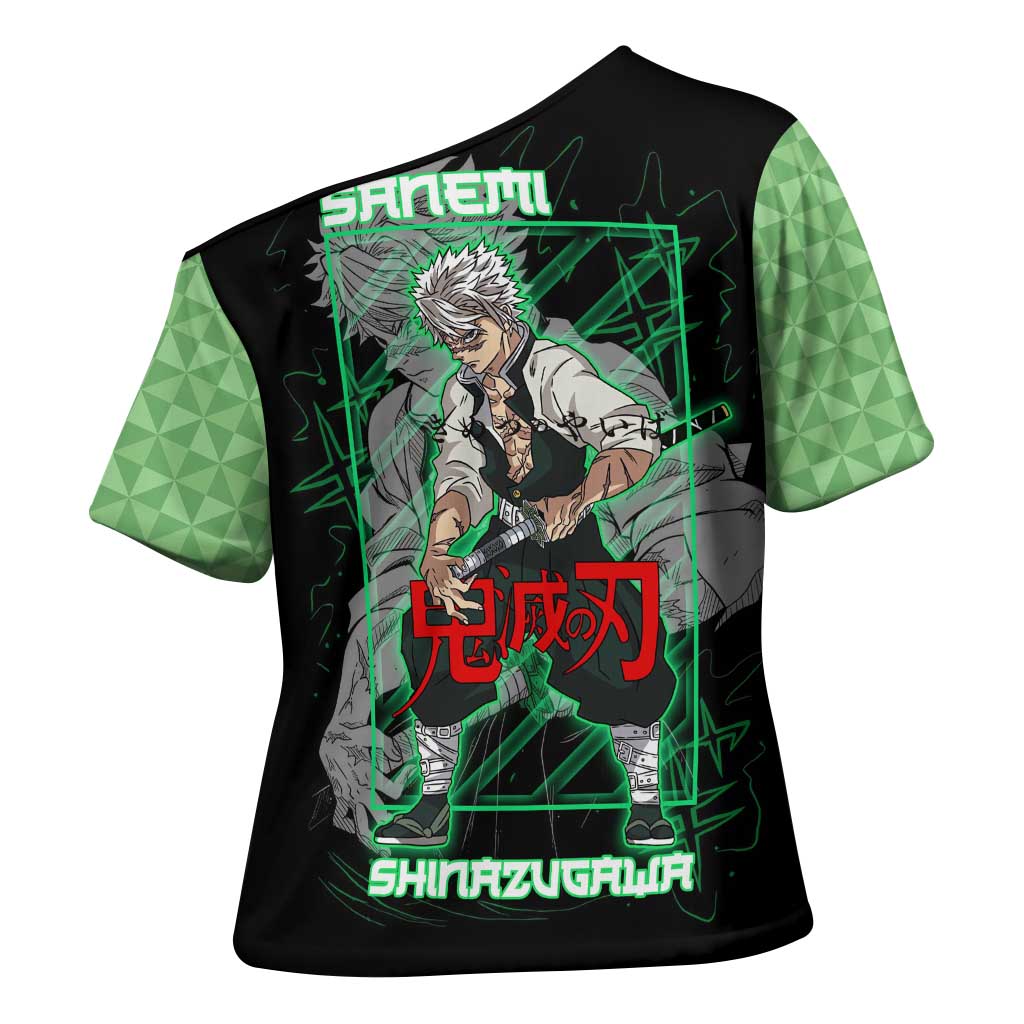 Shinazugawa Sanemi Demon Slayer Cross Shoulder Shirt with Green and Black Grid Style Design - The Mazicc