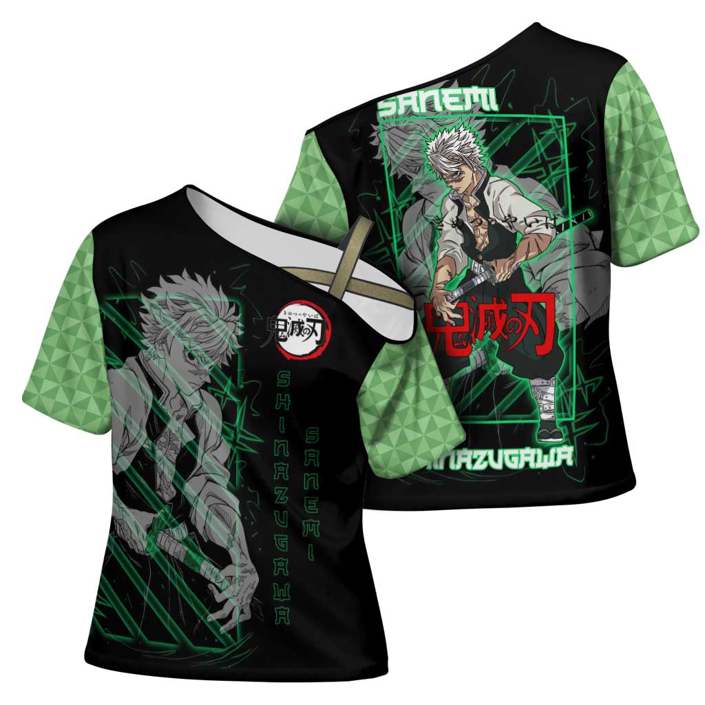 Shinazugawa Sanemi Demon Slayer Cross Shoulder Shirt with Green and Black Grid Style Design - The Mazicc