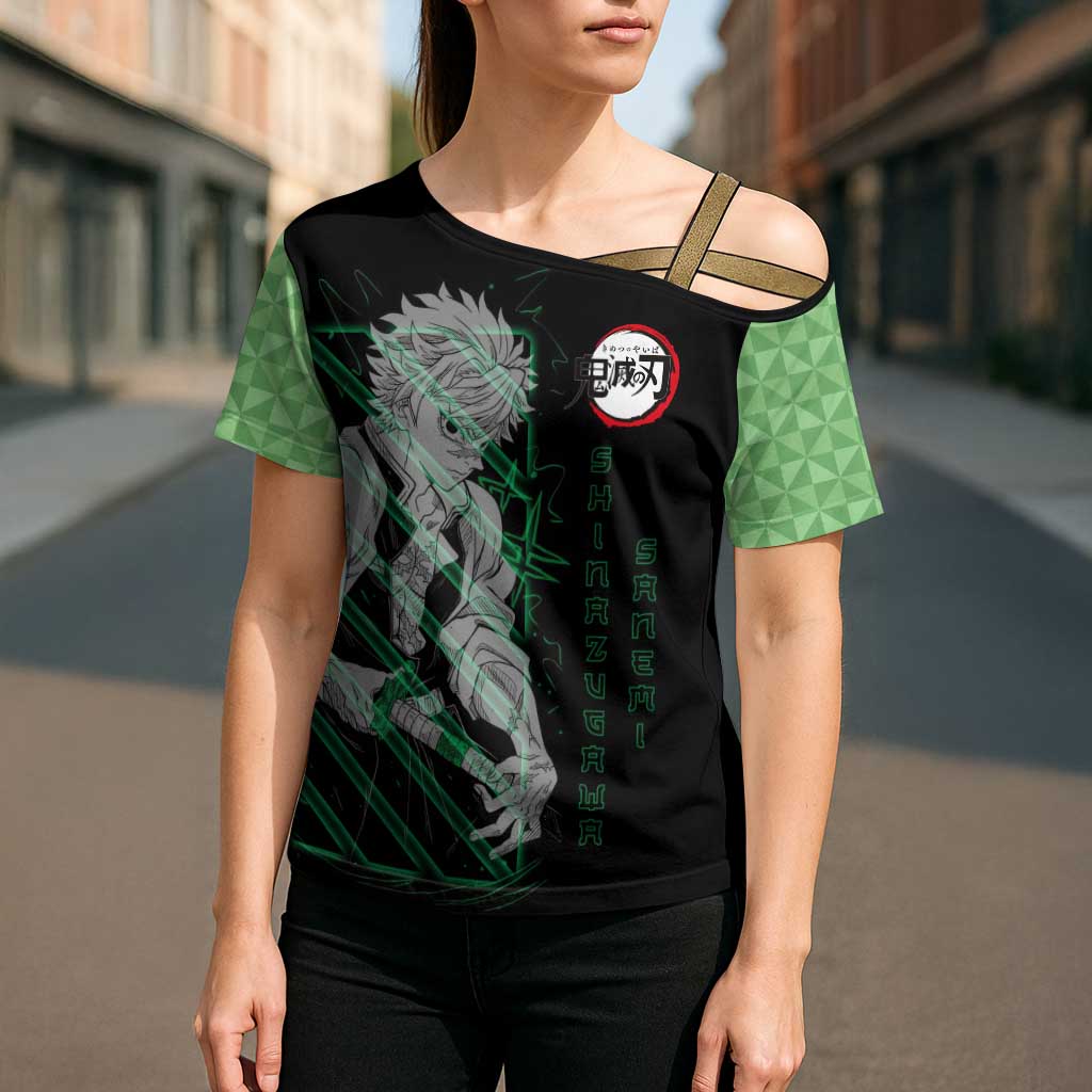Shinazugawa Sanemi Demon Slayer Cross Shoulder Shirt with Green and Black Grid Style Design - The Mazicc