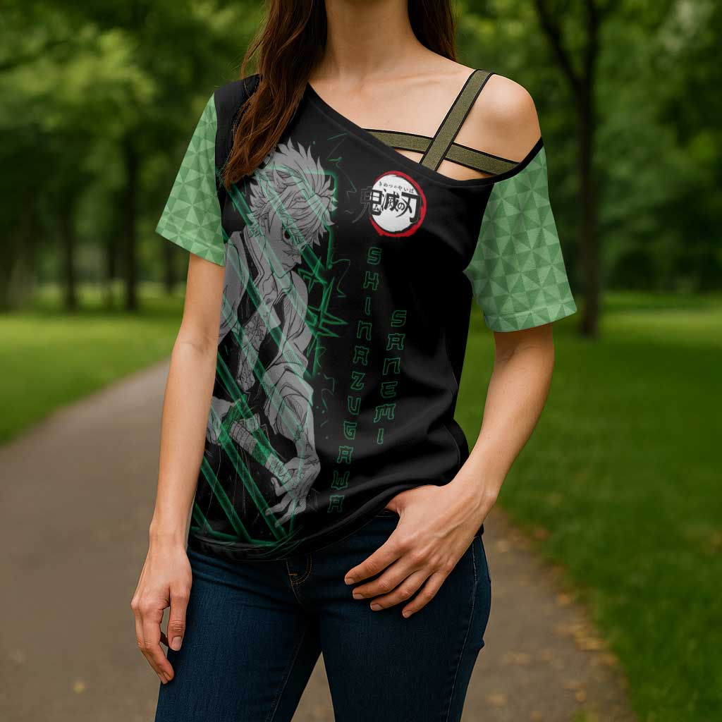 Shinazugawa Sanemi Demon Slayer Cross Shoulder Shirt with Green and Black Grid Style Design - The Mazicc