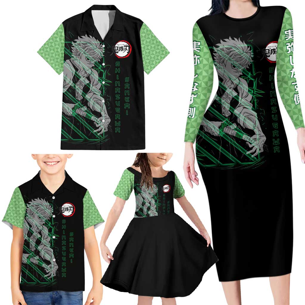 Shinazugawa Sanemi Demon Slayer Family Matching Long Sleeve Bodycon Dress and Hawaiian Shirt with Green and Black Grid Style Design - The Mazicc