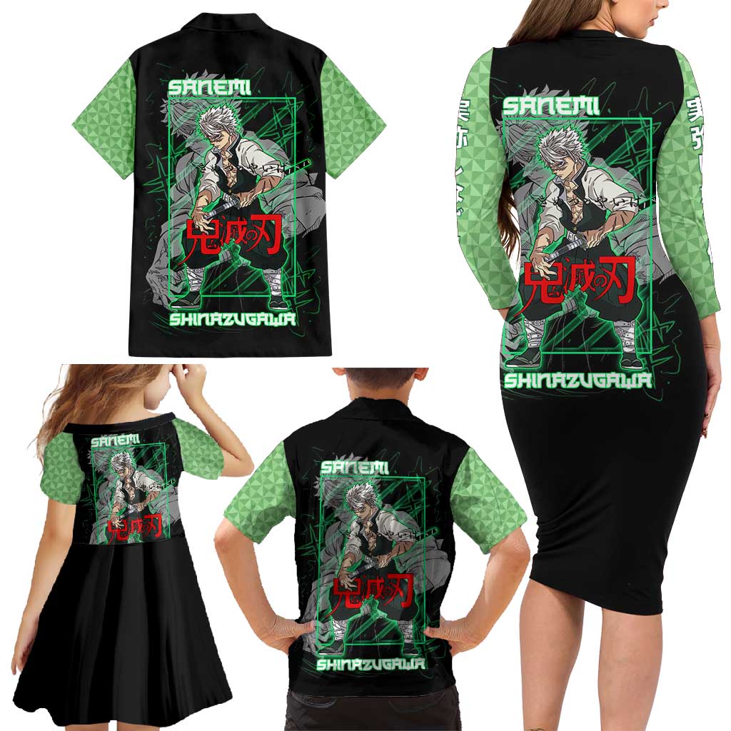 Shinazugawa Sanemi Demon Slayer Family Matching Long Sleeve Bodycon Dress and Hawaiian Shirt with Green and Black Grid Style Design - The Mazicc
