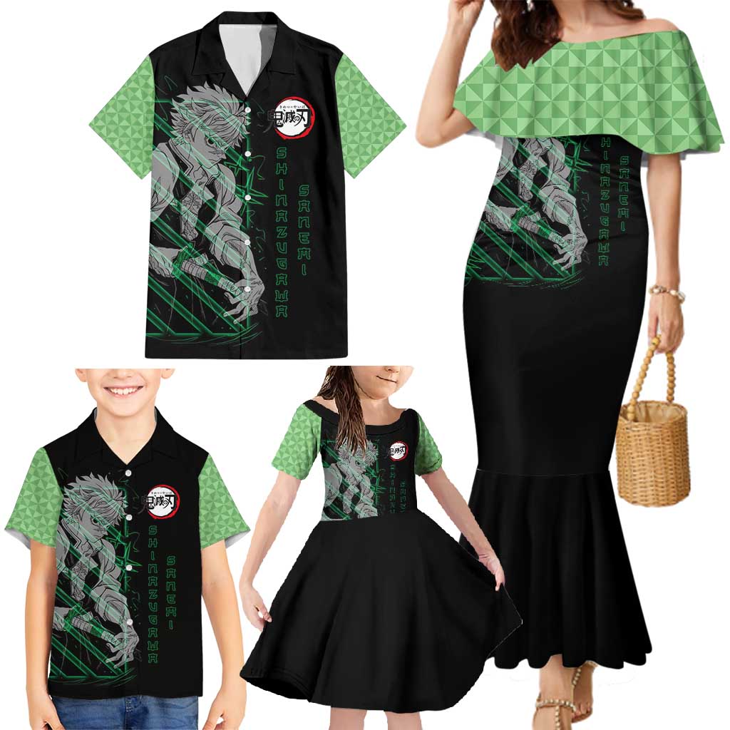 Shinazugawa Sanemi Demon Slayer Family Matching Mermaid Dress and Hawaiian Shirt with Green and Black Grid Style Design - The Mazicc