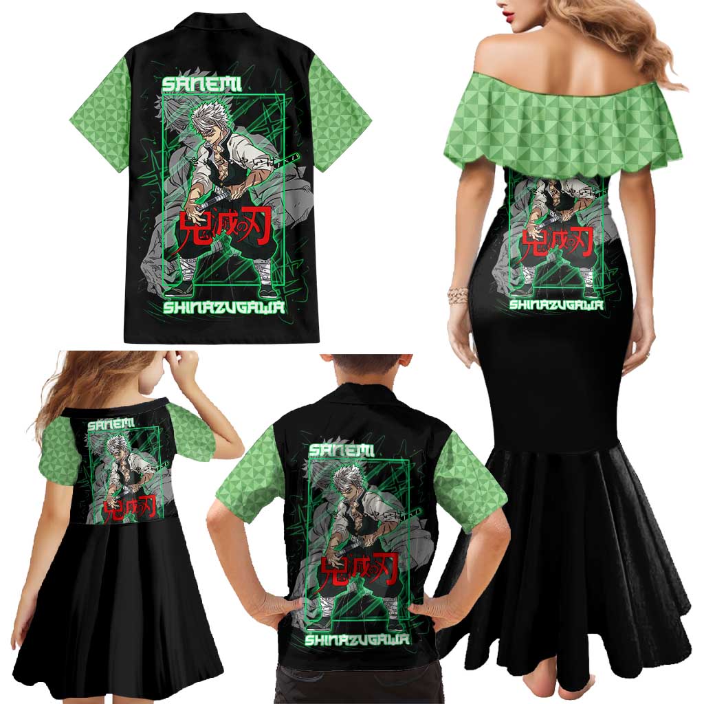 Shinazugawa Sanemi Demon Slayer Family Matching Mermaid Dress and Hawaiian Shirt with Green and Black Grid Style Design - The Mazicc