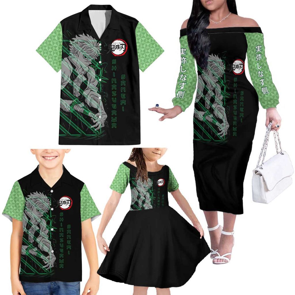 Shinazugawa Sanemi Demon Slayer Family Matching Off The Shoulder Long Sleeve Dress and Hawaiian Shirt with Green and Black Grid Style Design - The Mazicc