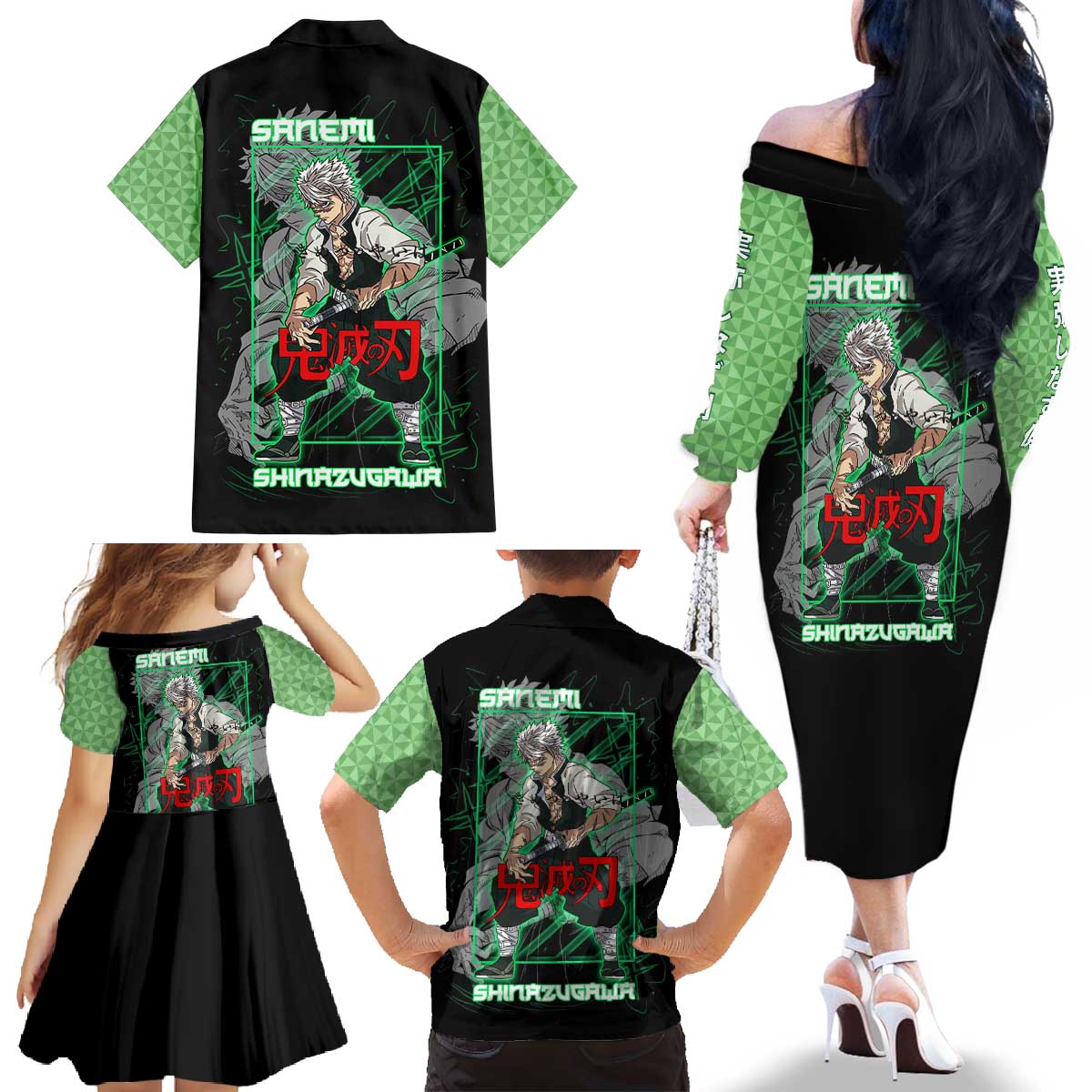 Shinazugawa Sanemi Demon Slayer Family Matching Off The Shoulder Long Sleeve Dress and Hawaiian Shirt with Green and Black Grid Style Design - The Mazicc