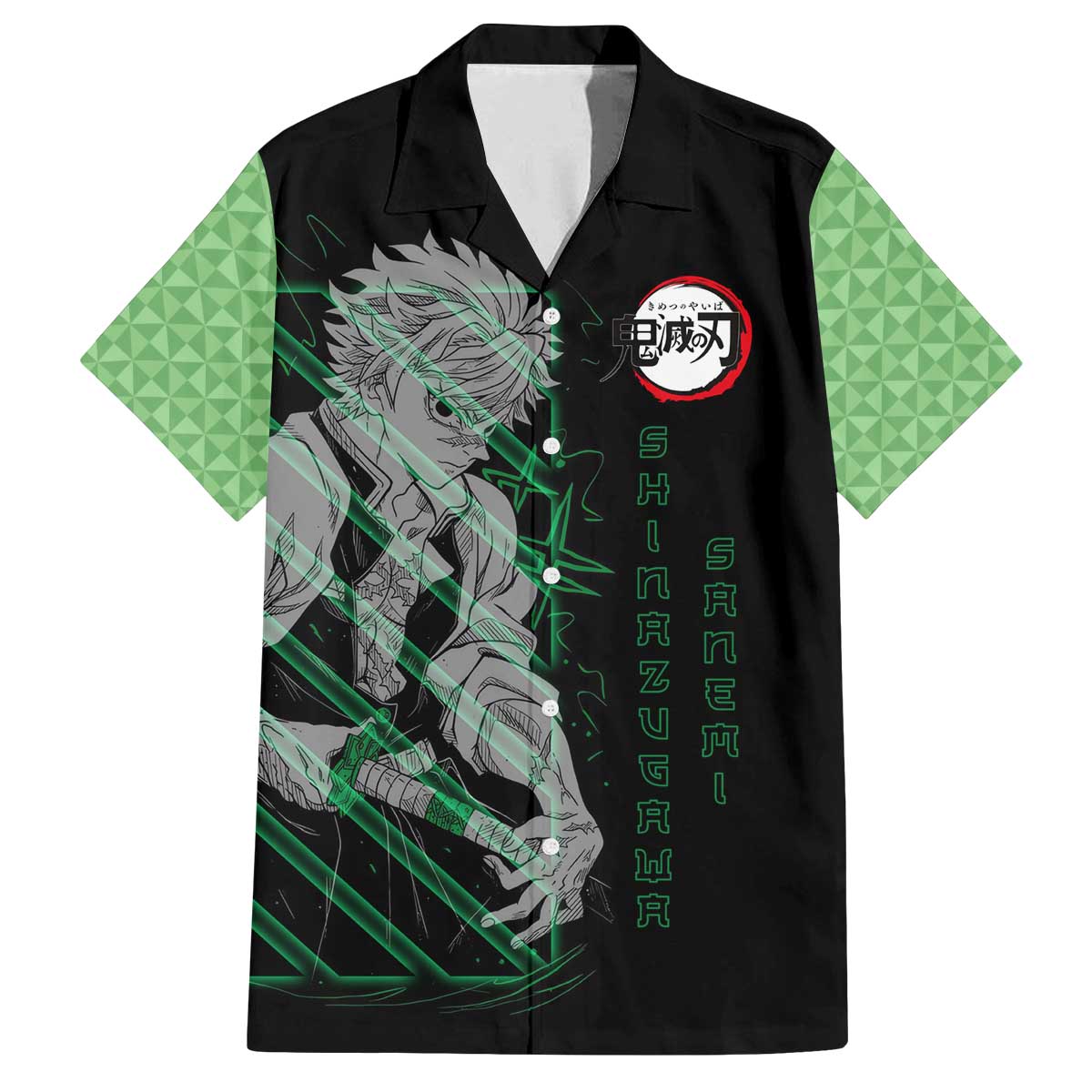 Shinazugawa Sanemi Demon Slayer Family Matching Off The Shoulder Long Sleeve Dress and Hawaiian Shirt with Green and Black Grid Style Design - The Mazicc