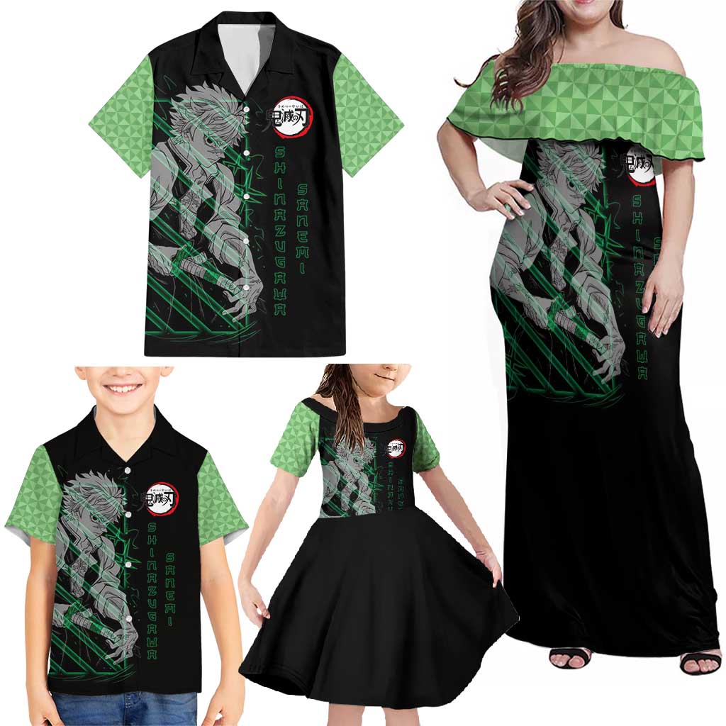 Shinazugawa Sanemi Demon Slayer Family Matching Off Shoulder Maxi Dress and Hawaiian Shirt with Green and Black Grid Style Design - The Mazicc
