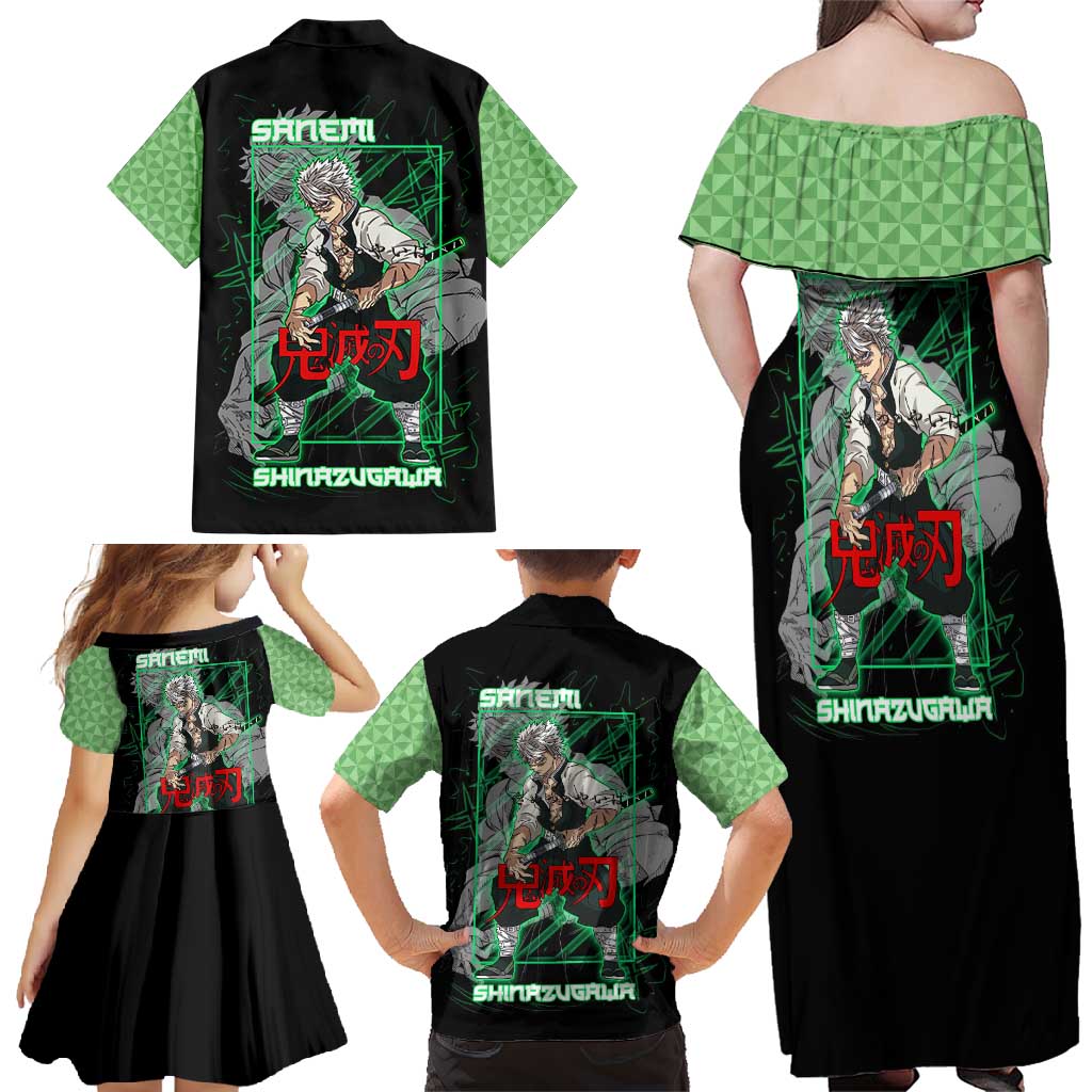 Shinazugawa Sanemi Demon Slayer Family Matching Off Shoulder Maxi Dress and Hawaiian Shirt with Green and Black Grid Style Design - The Mazicc