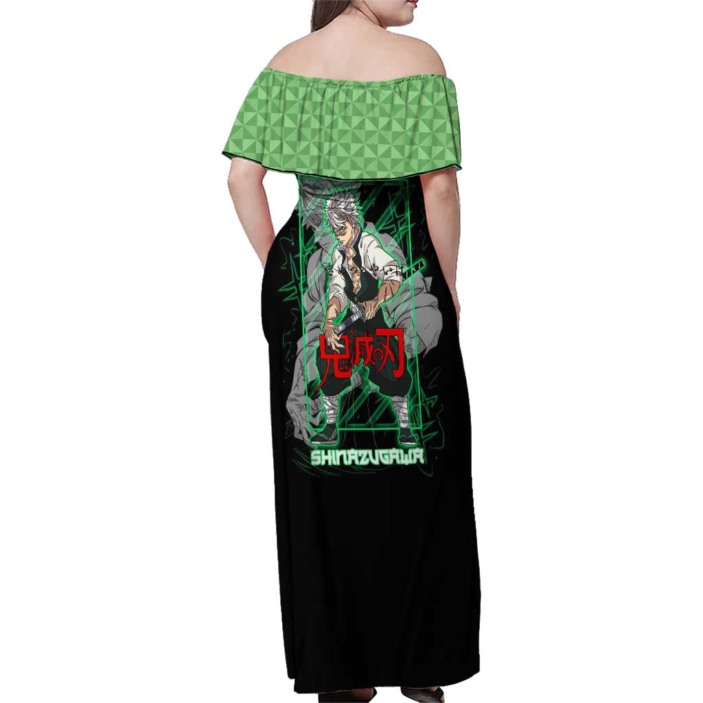 Shinazugawa Sanemi Demon Slayer Family Matching Off Shoulder Maxi Dress and Hawaiian Shirt with Green and Black Grid Style Design - The Mazicc