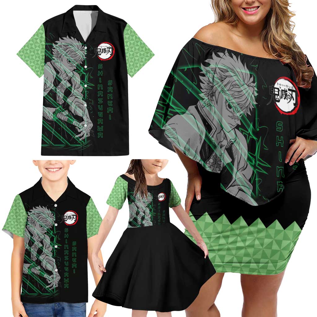 Shinazugawa Sanemi Demon Slayer Family Matching Off Shoulder Short Dress and Hawaiian Shirt with Green and Black Grid Style Design - The Mazicc