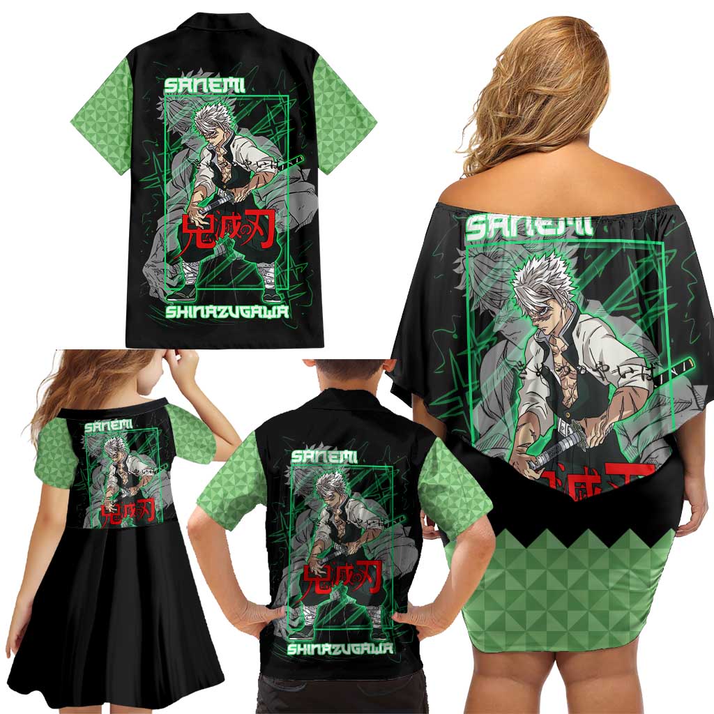 Shinazugawa Sanemi Demon Slayer Family Matching Off Shoulder Short Dress and Hawaiian Shirt with Green and Black Grid Style Design - The Mazicc