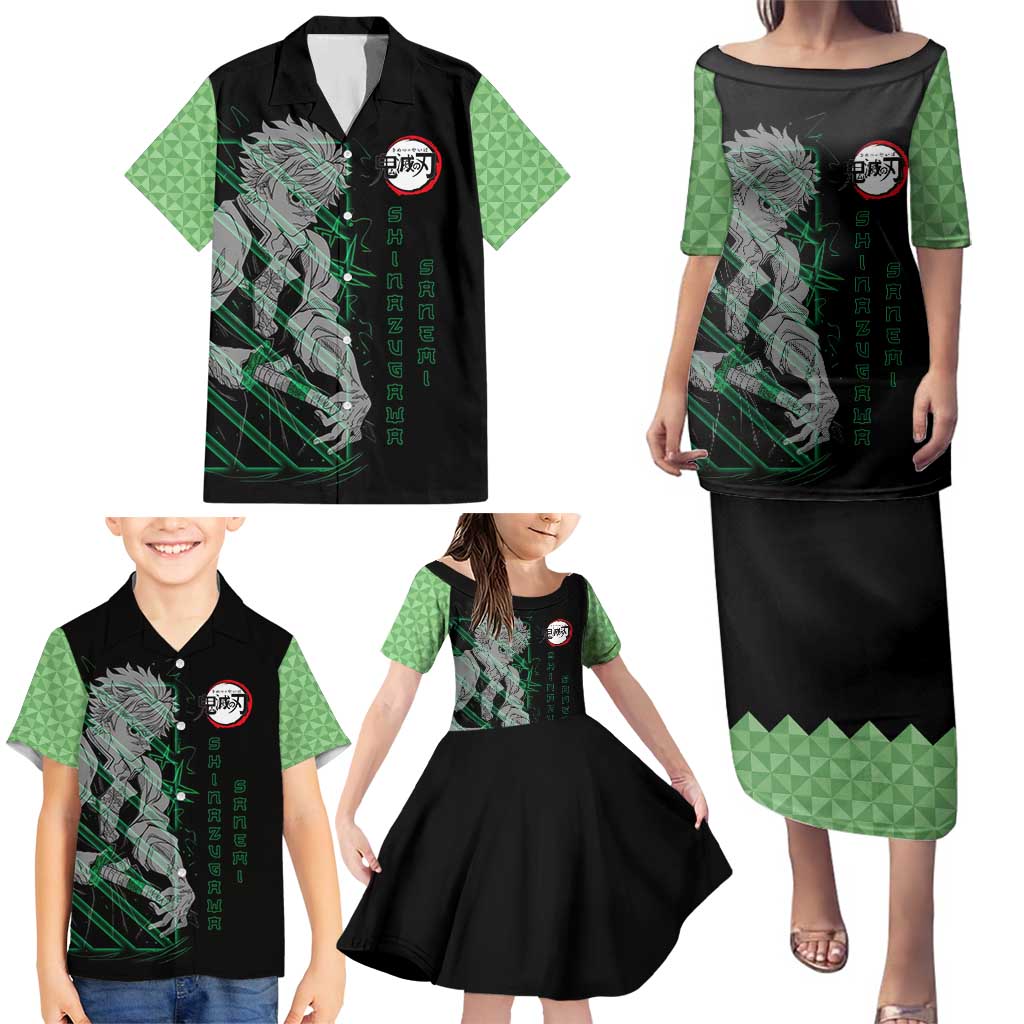 Shinazugawa Sanemi Demon Slayer Family Matching Puletasi and Hawaiian Shirt with Green and Black Grid Style Design - The Mazicc