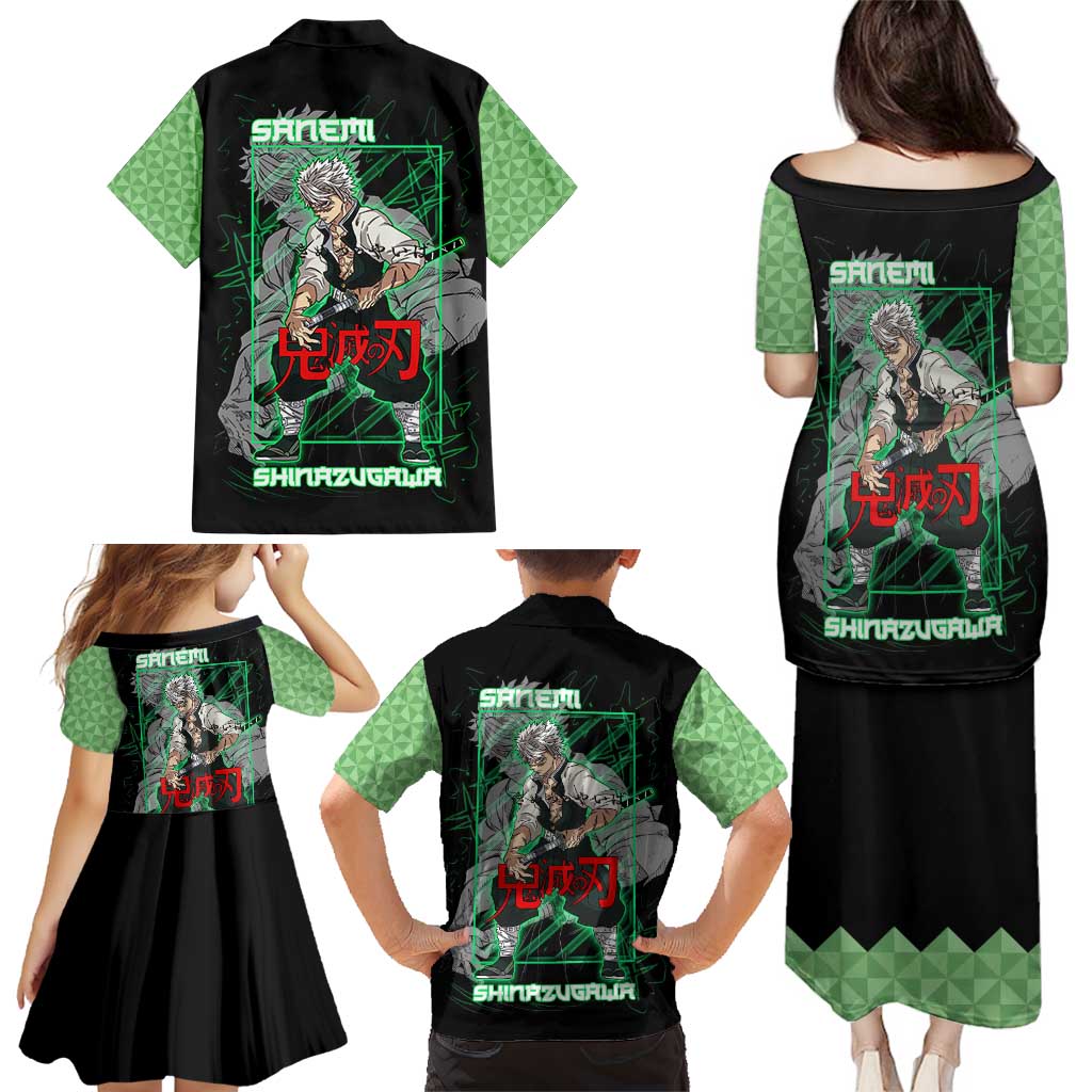 Shinazugawa Sanemi Demon Slayer Family Matching Puletasi and Hawaiian Shirt with Green and Black Grid Style Design - The Mazicc
