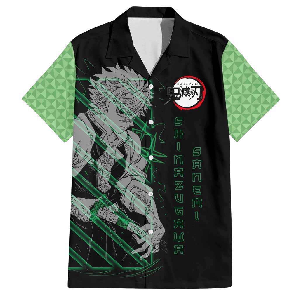 Shinazugawa Sanemi Demon Slayer Family Matching Puletasi and Hawaiian Shirt with Green and Black Grid Style Design - The Mazicc