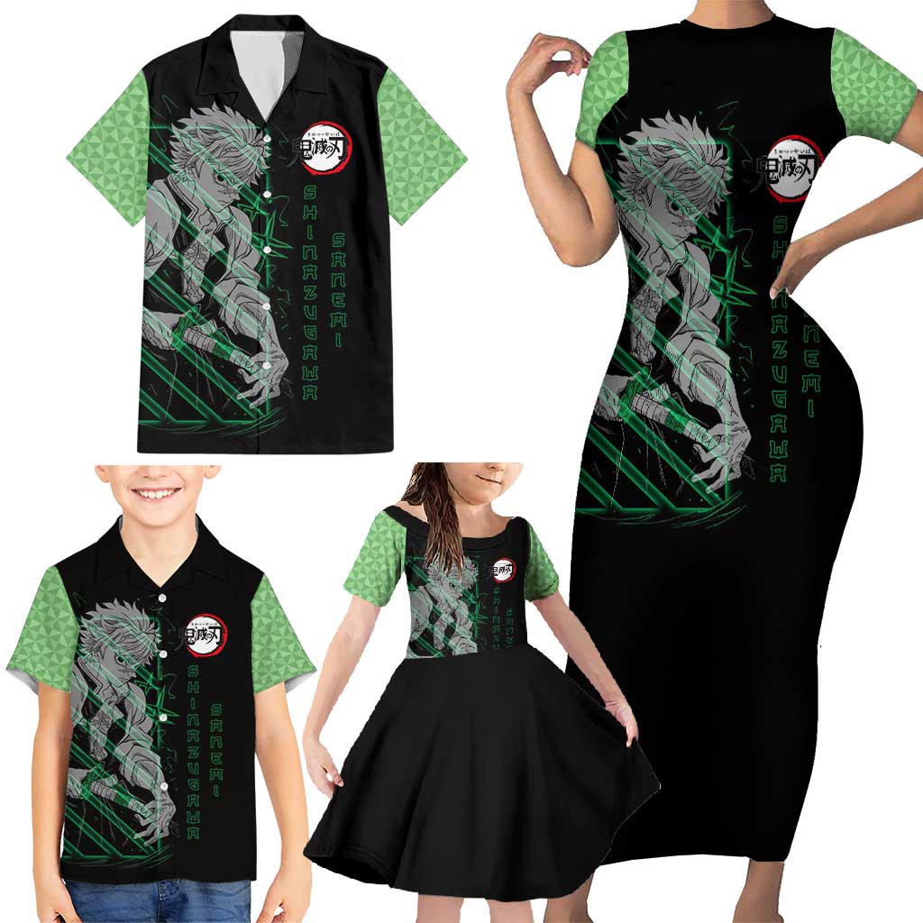 Shinazugawa Sanemi Demon Slayer Family Matching Short Sleeve Bodycon Dress and Hawaiian Shirt with Green and Black Grid Style Design - The Mazicc