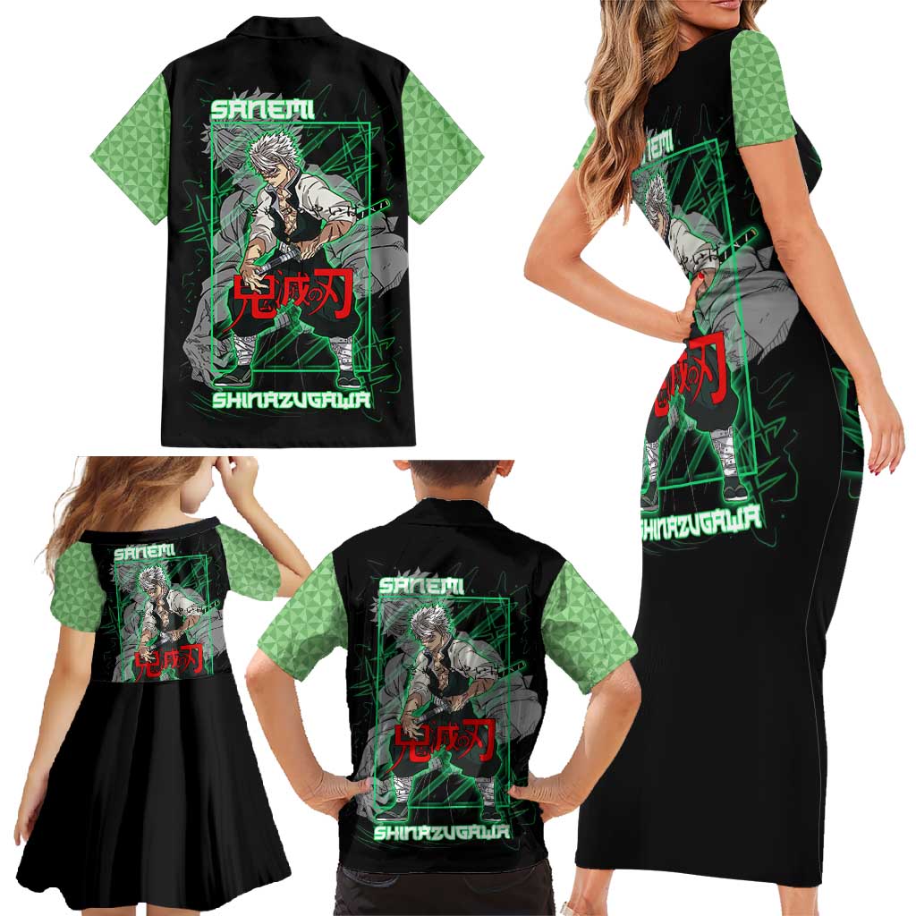 Shinazugawa Sanemi Demon Slayer Family Matching Short Sleeve Bodycon Dress and Hawaiian Shirt with Green and Black Grid Style Design - The Mazicc
