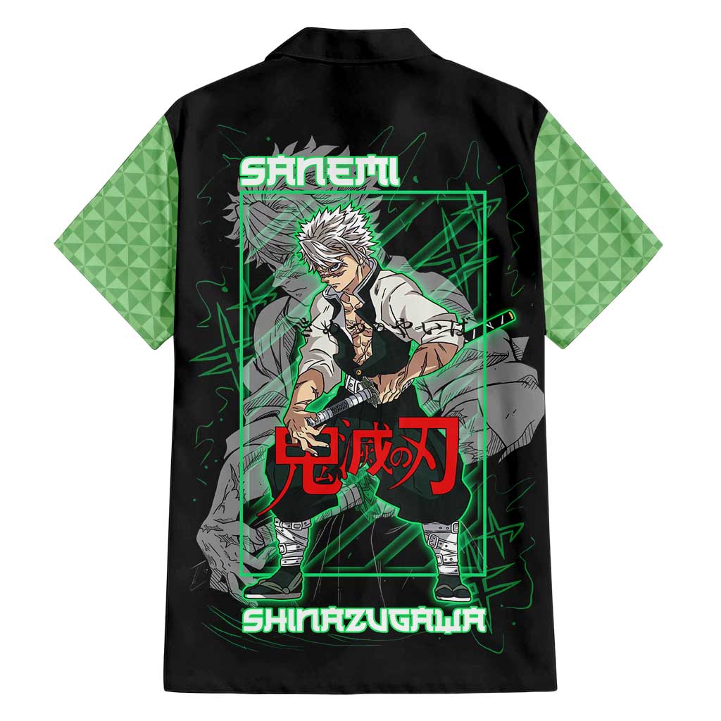 Shinazugawa Sanemi Demon Slayer Family Matching Short Sleeve Bodycon Dress and Hawaiian Shirt with Green and Black Grid Style Design - The Mazicc