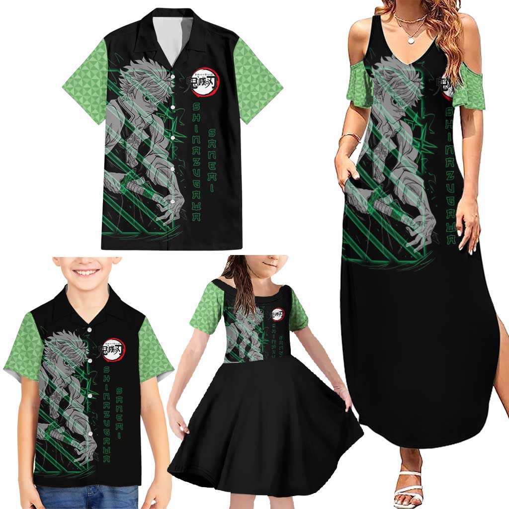 Shinazugawa Sanemi Demon Slayer Family Matching Summer Maxi Dress and Hawaiian Shirt with Green and Black Grid Style Design - The Mazicc