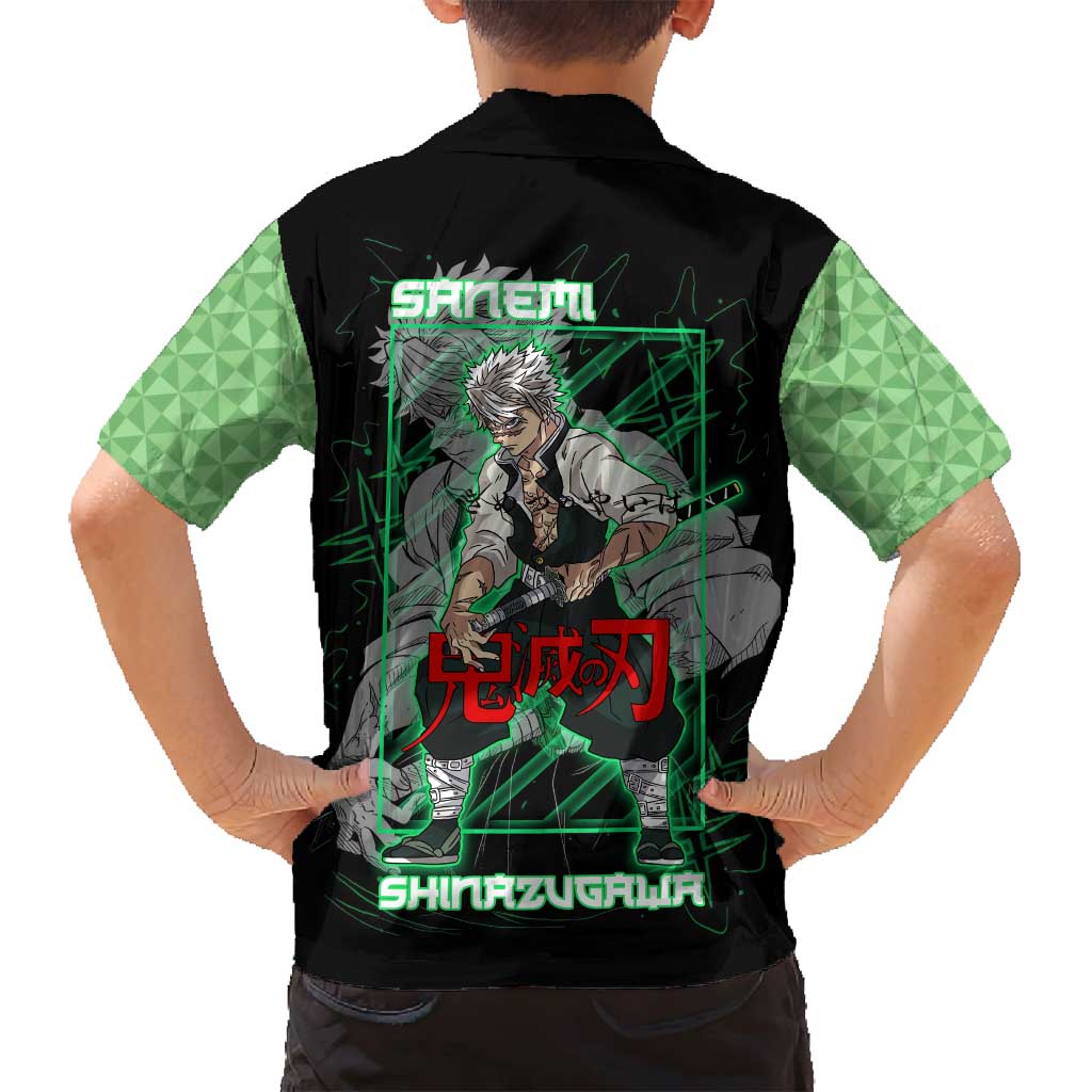 Shinazugawa Sanemi Demon Slayer Family Matching Summer Maxi Dress and Hawaiian Shirt with Green and Black Grid Style Design - The Mazicc