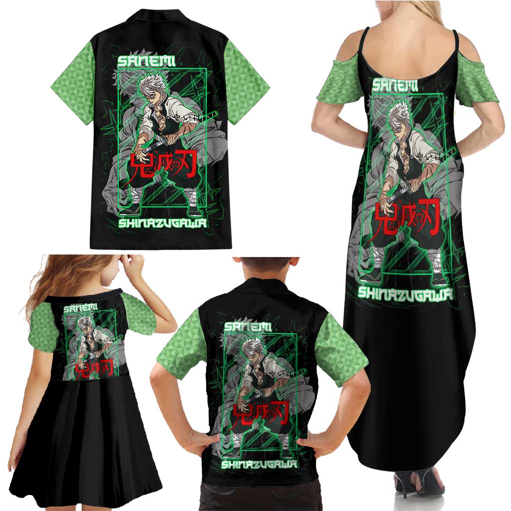 Shinazugawa Sanemi Demon Slayer Family Matching Summer Maxi Dress and Hawaiian Shirt with Green and Black Grid Style Design - The Mazicc