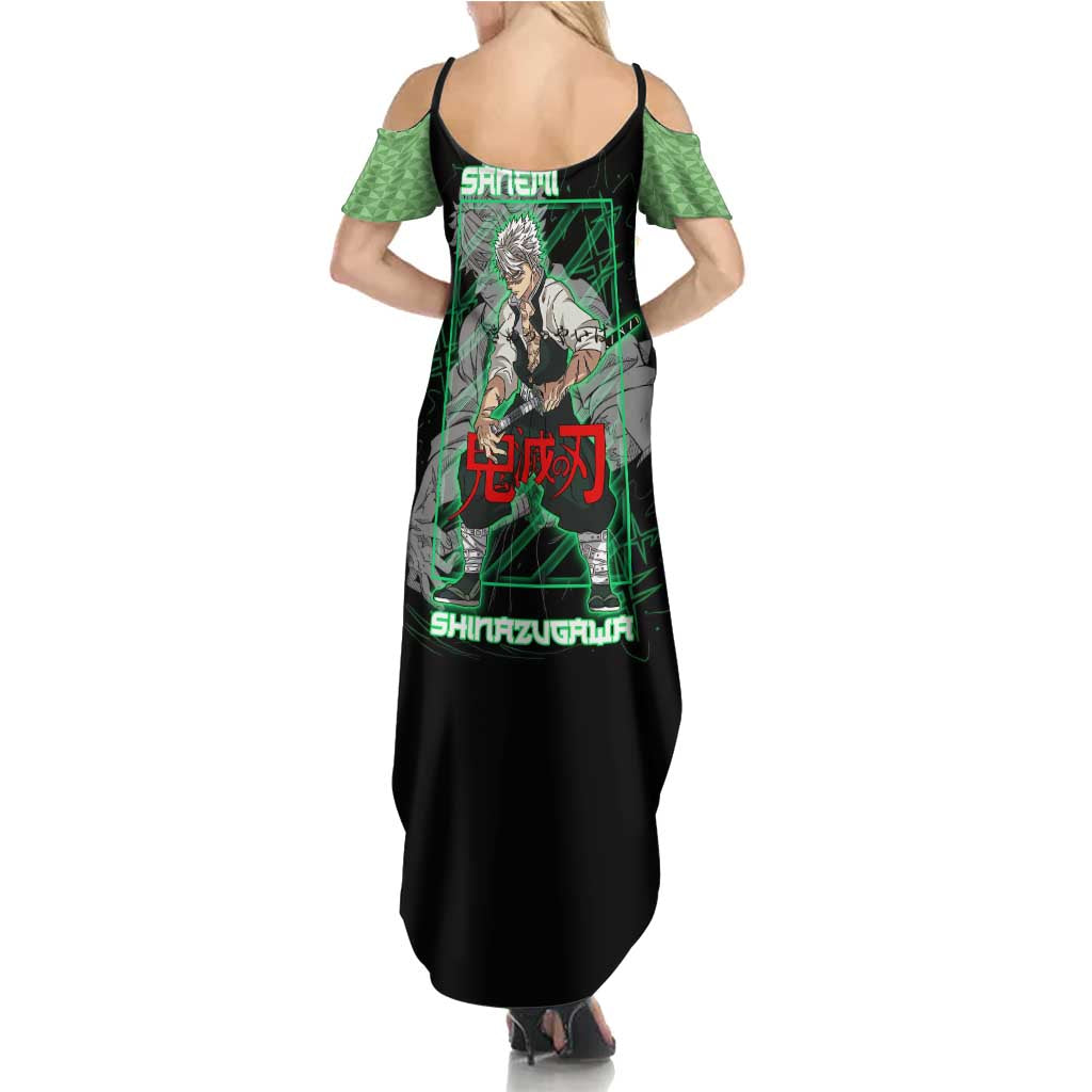 Shinazugawa Sanemi Demon Slayer Family Matching Summer Maxi Dress and Hawaiian Shirt with Green and Black Grid Style Design - The Mazicc