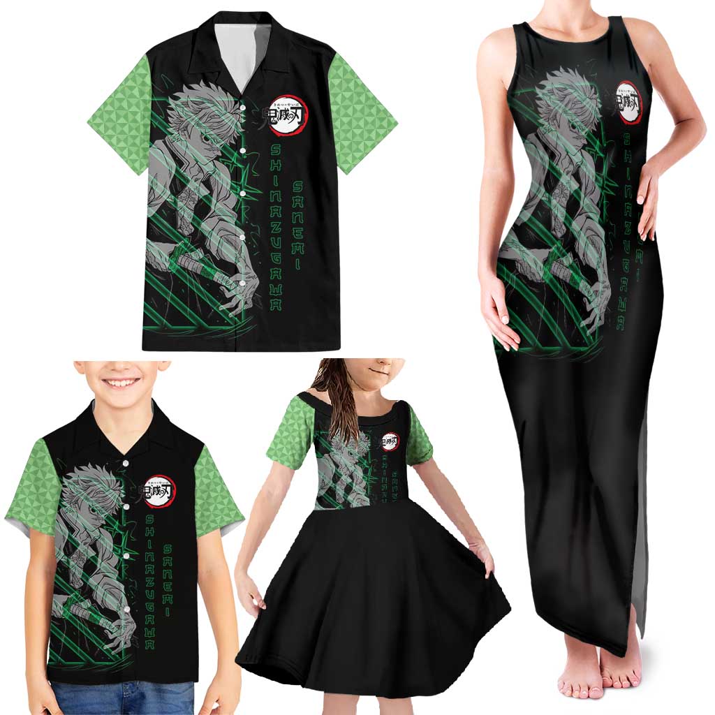 Shinazugawa Sanemi Demon Slayer Family Matching Tank Maxi Dress and Hawaiian Shirt with Green and Black Grid Style Design - The Mazicc