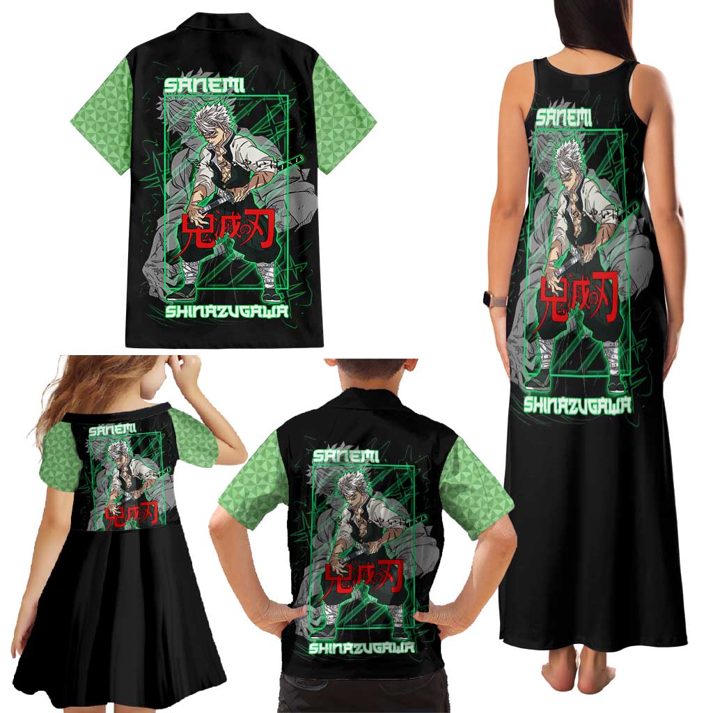 Shinazugawa Sanemi Demon Slayer Family Matching Tank Maxi Dress and Hawaiian Shirt with Green and Black Grid Style Design - The Mazicc