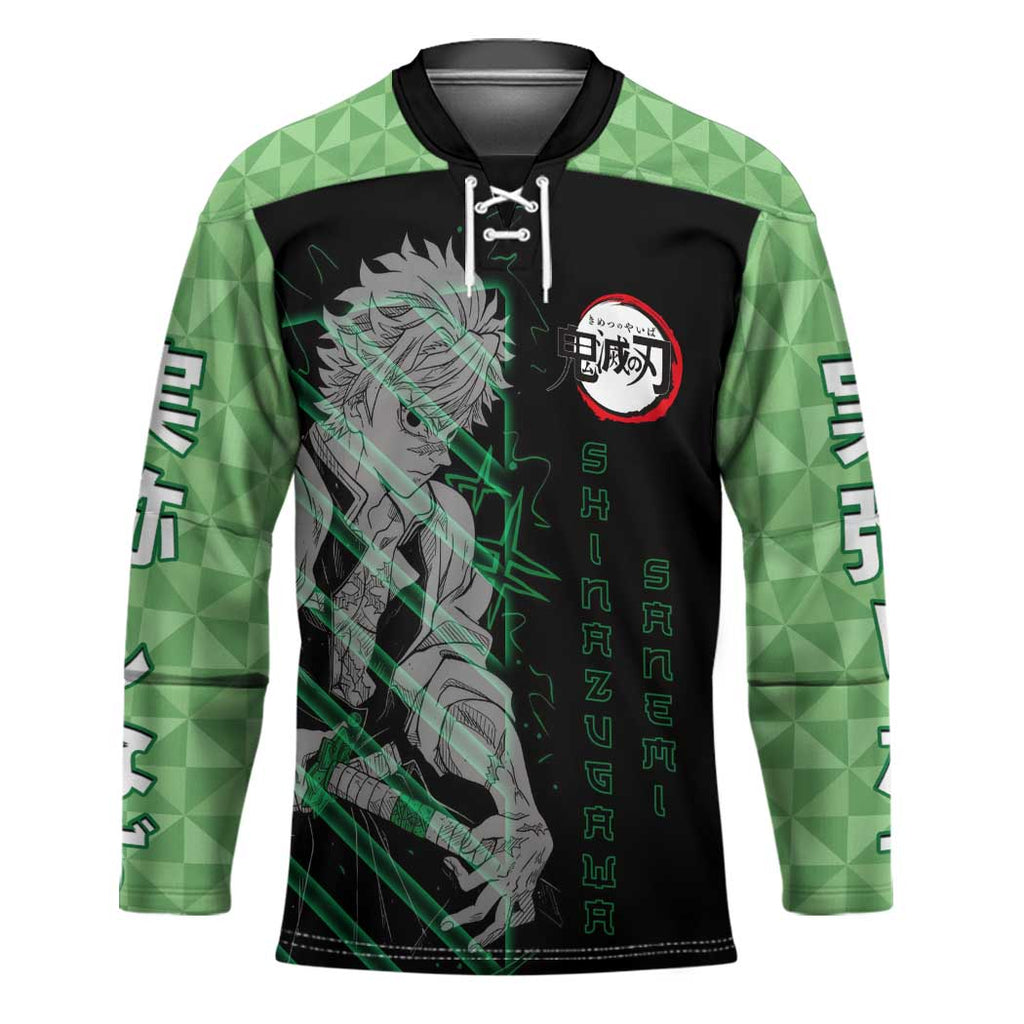 Shinazugawa Sanemi Demon Slayer Hockey Jersey with Green and Black Grid Style Design - The Mazicc