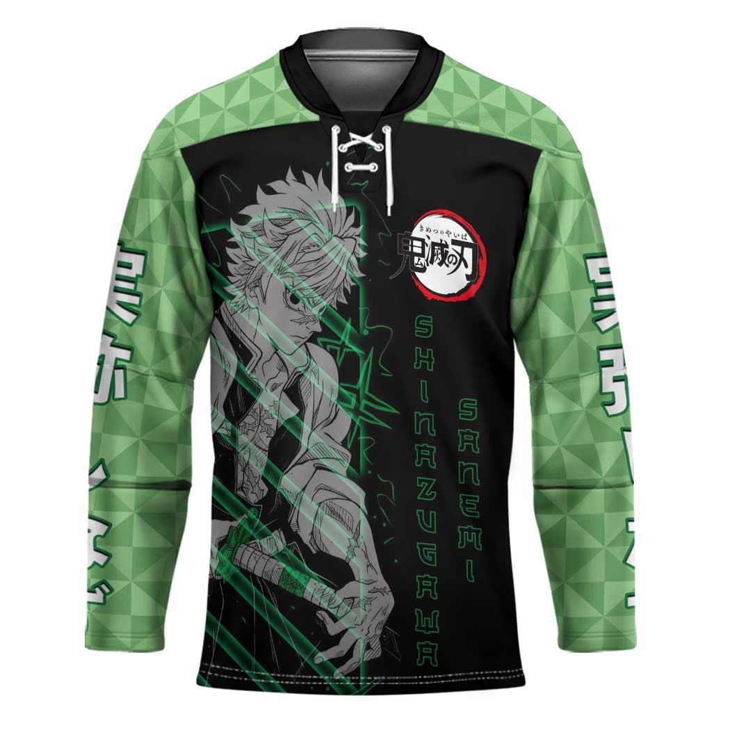 Shinazugawa Sanemi Demon Slayer Hockey Jersey with Green and Black Grid Style Design - The Mazicc