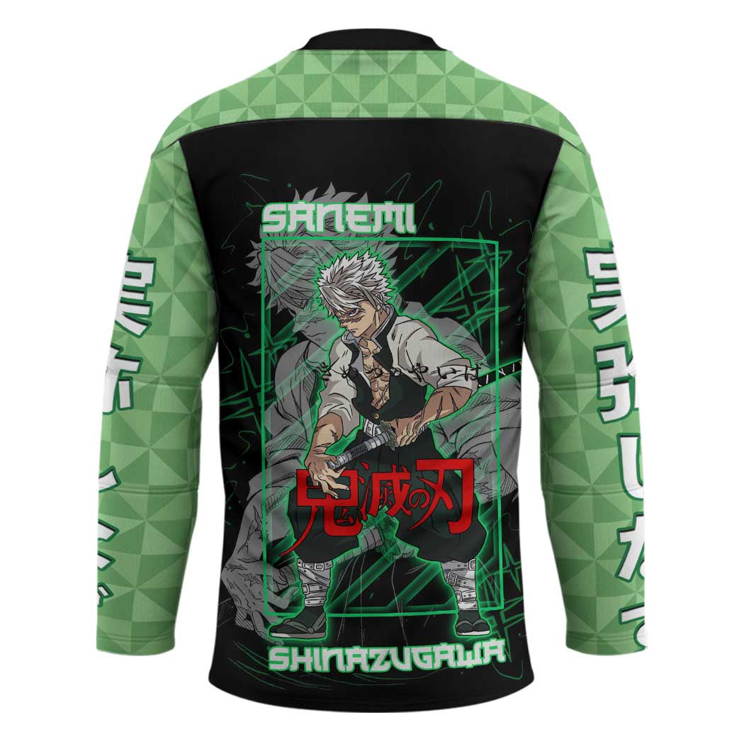 Shinazugawa Sanemi Demon Slayer Hockey Jersey with Green and Black Grid Style Design - The Mazicc