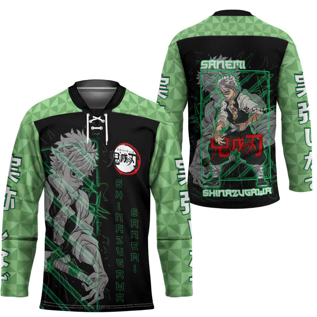 Shinazugawa Sanemi Demon Slayer Hockey Jersey with Green and Black Grid Style Design - The Mazicc