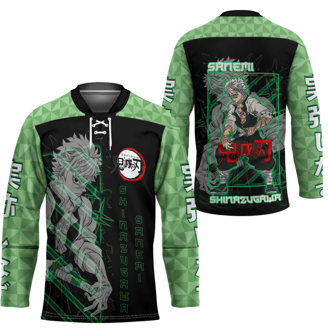 Shinazugawa Sanemi Demon Slayer Hockey Jersey with Green and Black Grid Style Design - The Mazicc