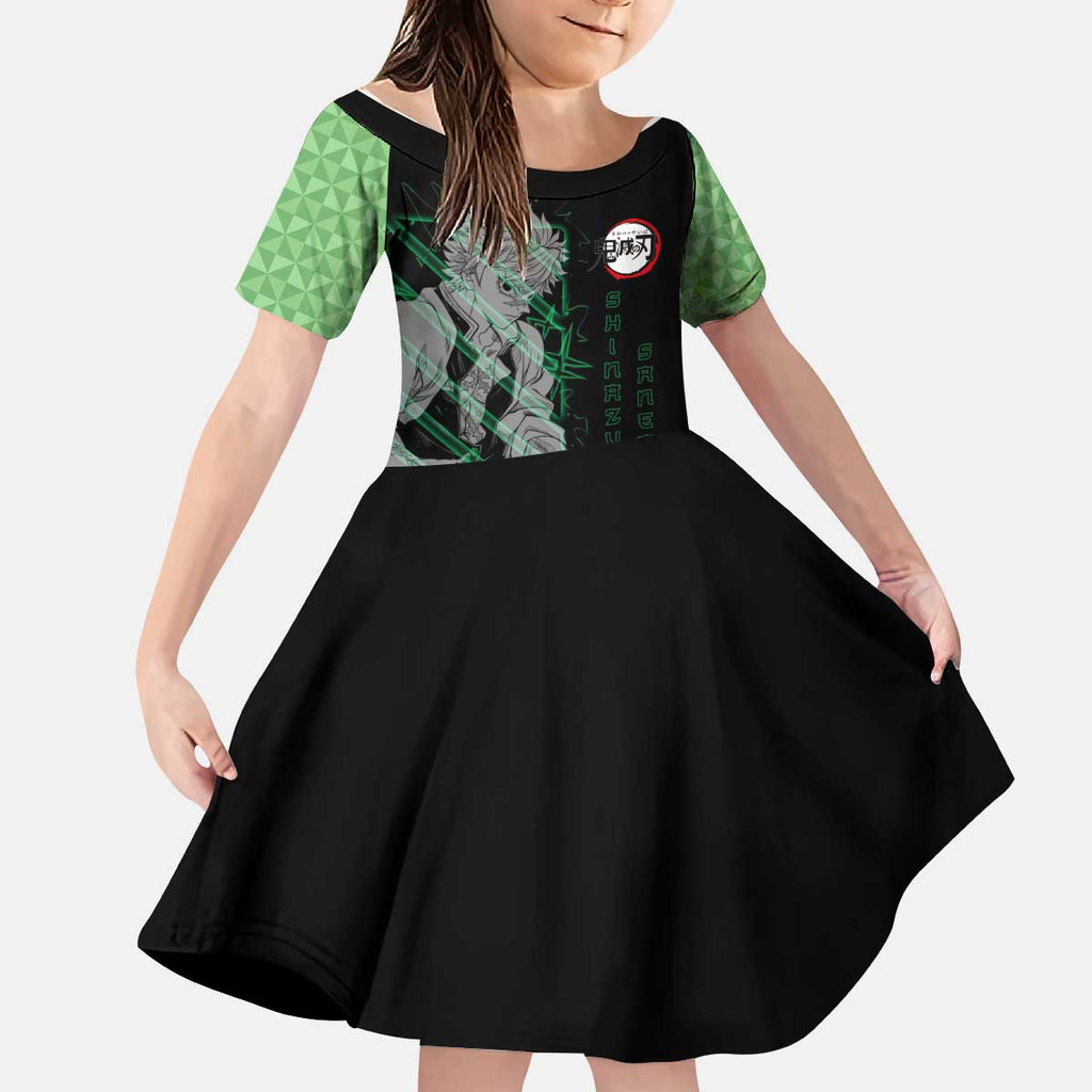 Shinazugawa Sanemi Demon Slayer Kid Short Sleeve Dress with Green and Black Grid Style Design - The Mazicc