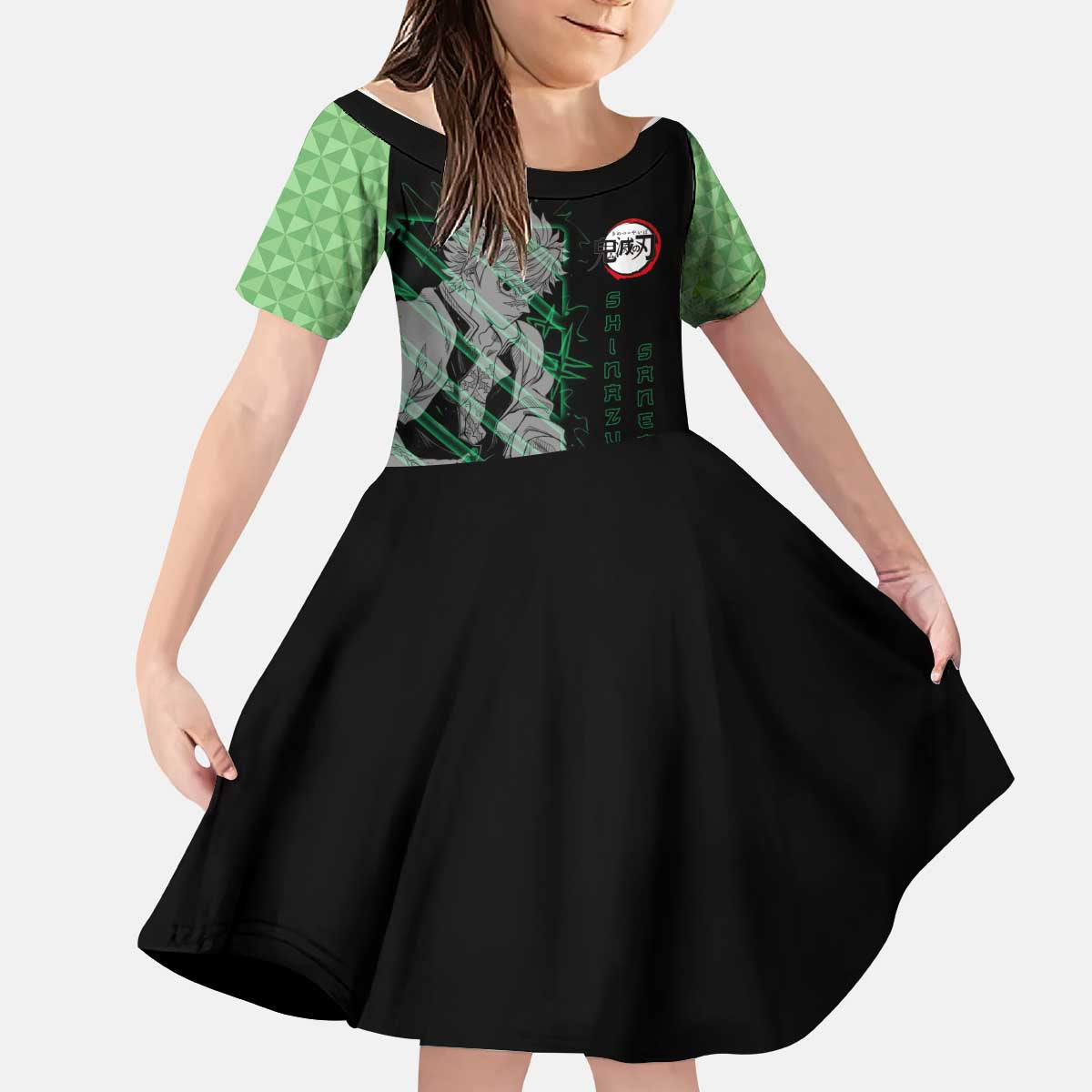 Shinazugawa Sanemi Demon Slayer Kid Short Sleeve Dress with Green and Black Grid Style Design - The Mazicc
