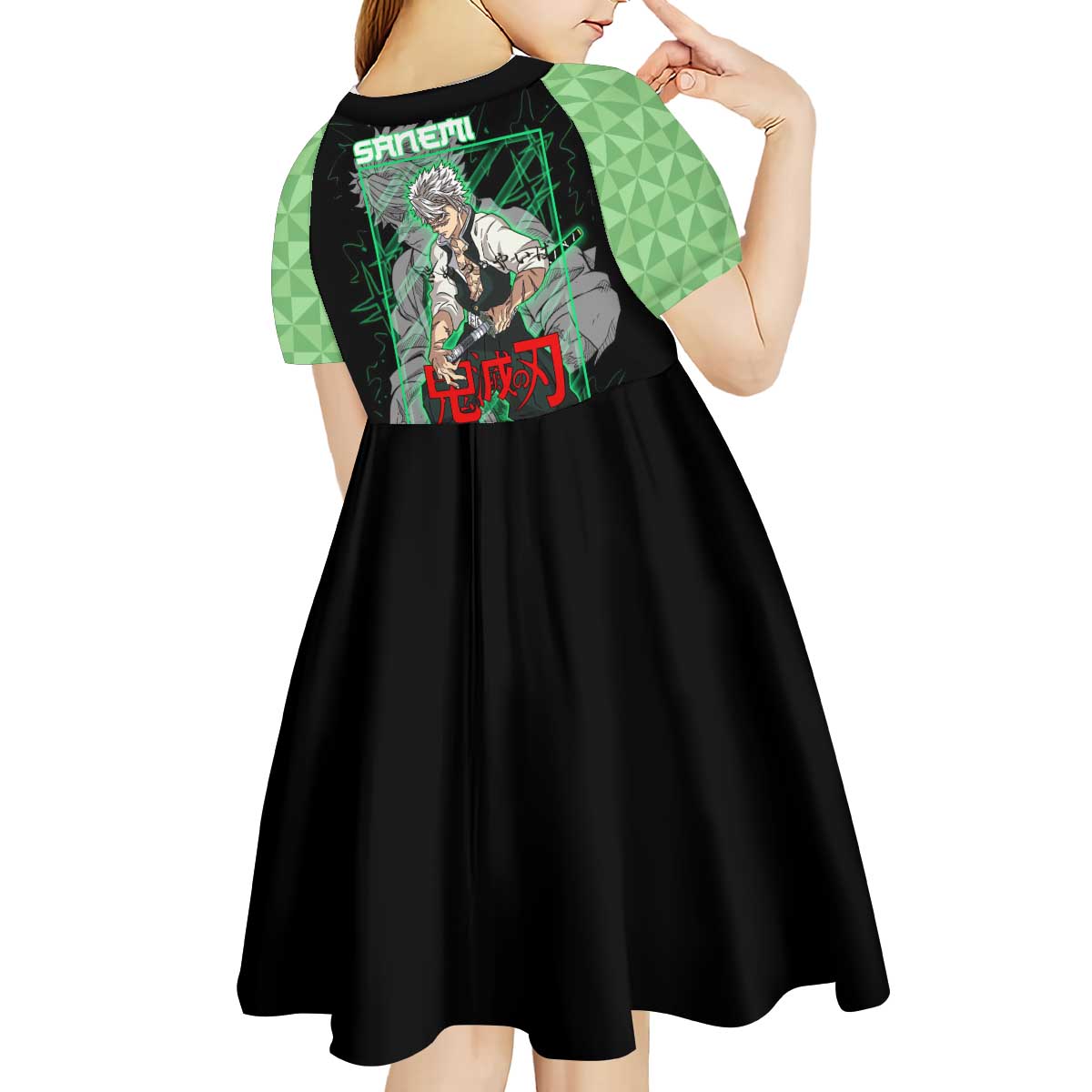 Shinazugawa Sanemi Demon Slayer Kid Short Sleeve Dress with Green and Black Grid Style Design - The Mazicc