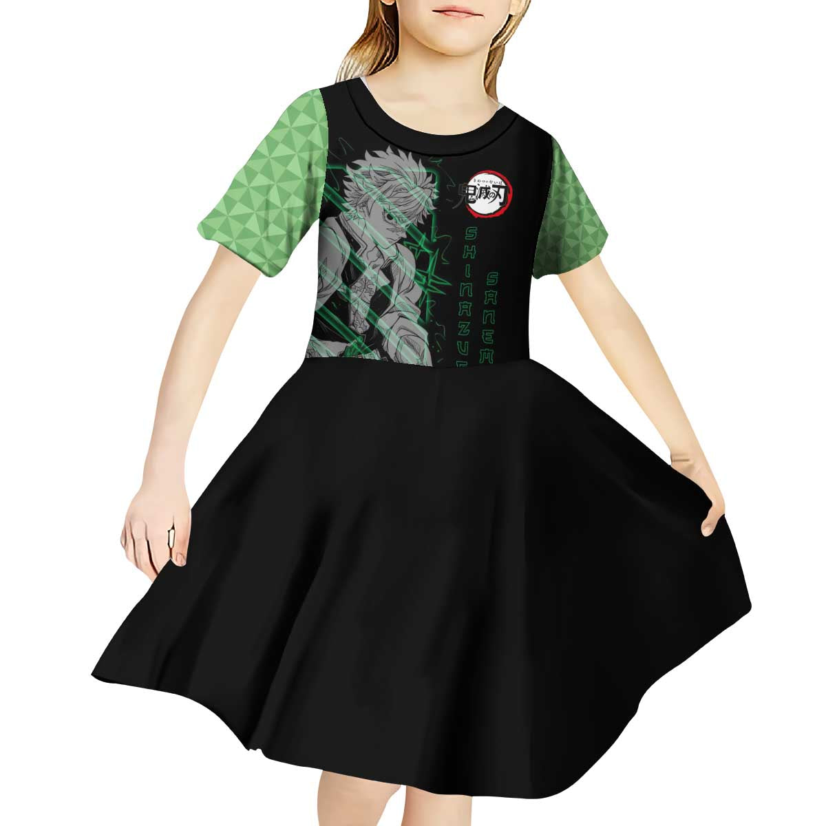 Shinazugawa Sanemi Demon Slayer Kid Short Sleeve Dress with Green and Black Grid Style Design - The Mazicc