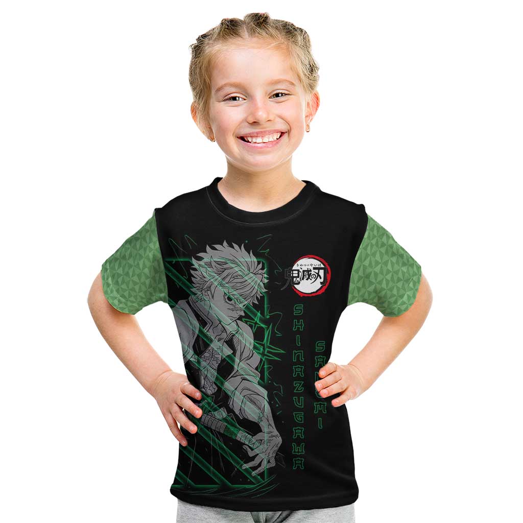 Shinazugawa Sanemi Demon Slayer Kid T Shirt with Green and Black Grid Style Design - The Mazicc