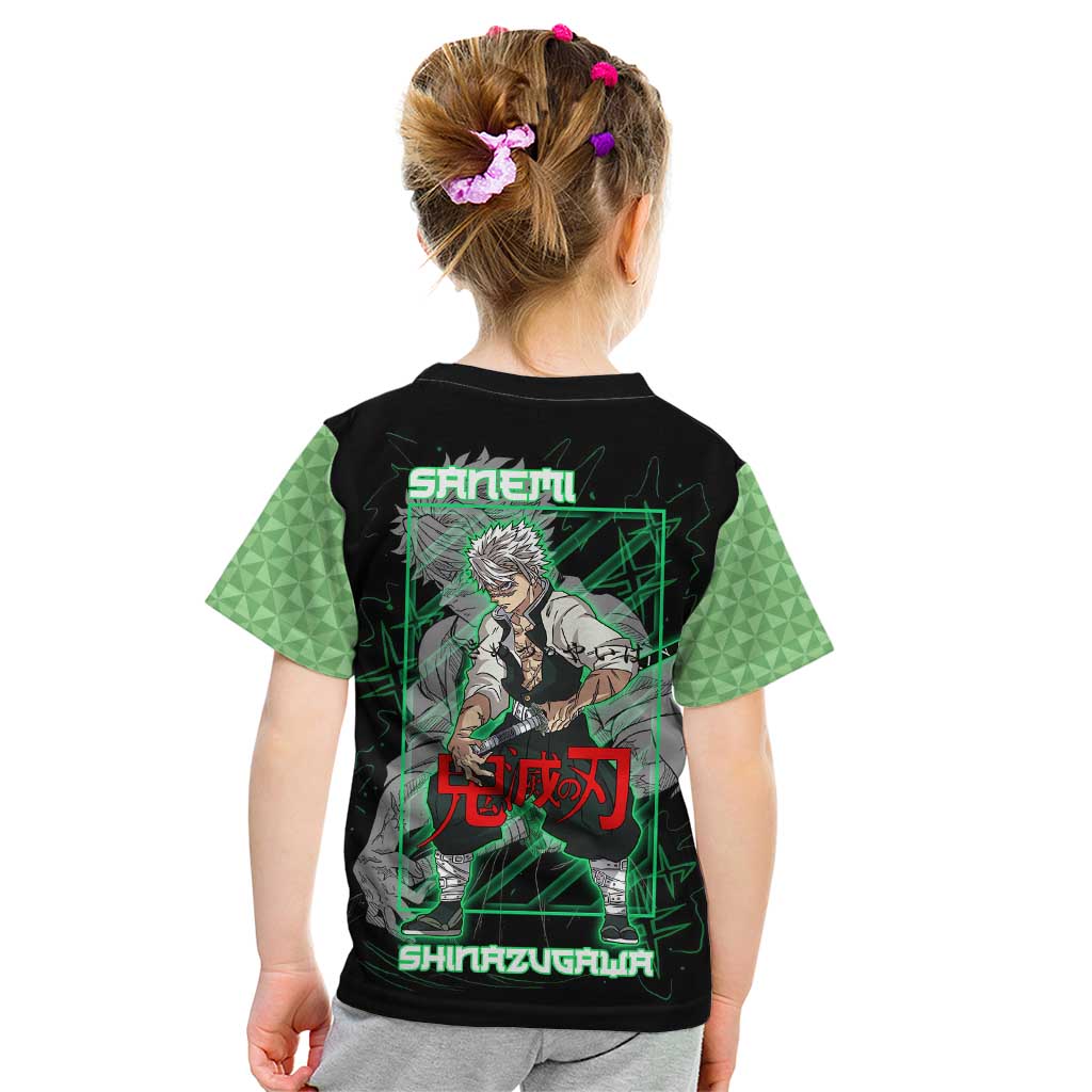 Shinazugawa Sanemi Demon Slayer Kid T Shirt with Green and Black Grid Style Design - The Mazicc
