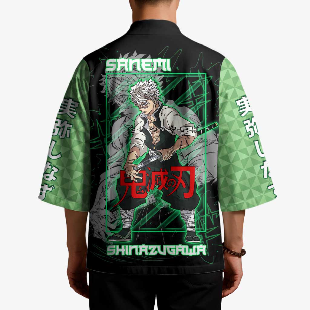 Shinazugawa Sanemi Demon Slayer Kimono with Green and Black Grid Style Design - The Mazicc