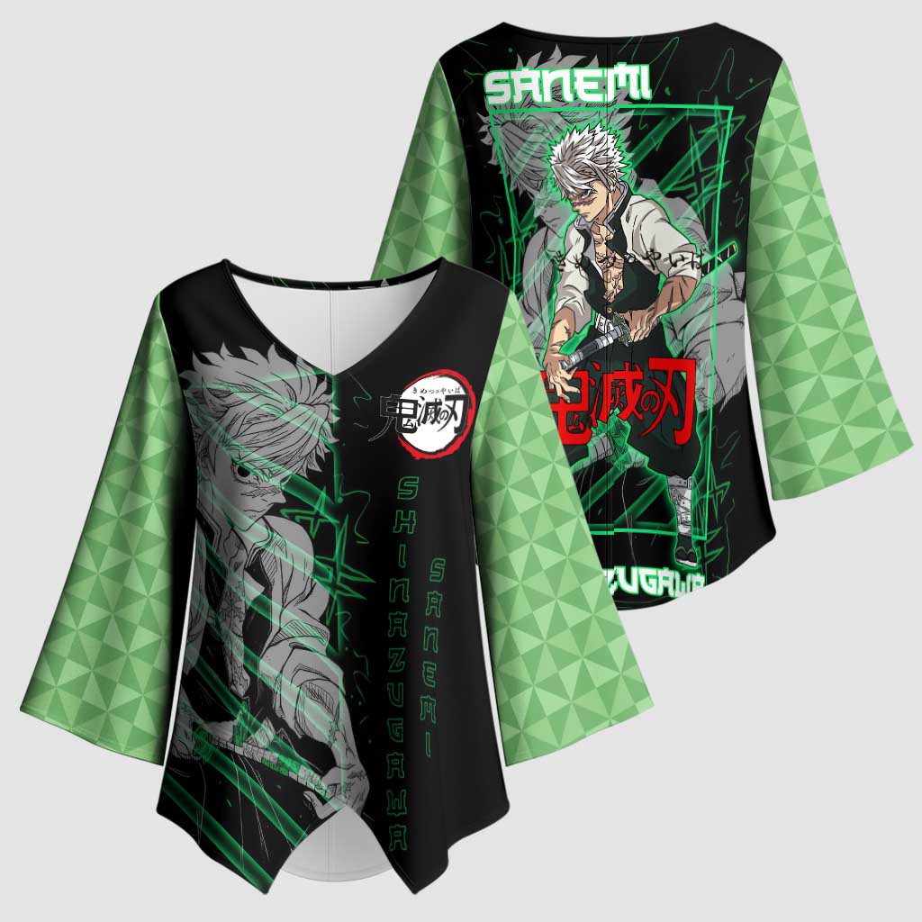 Shinazugawa Sanemi Demon Slayer Kimono Sleeve Blouse with Green and Black Grid Style Design - The Mazicc
