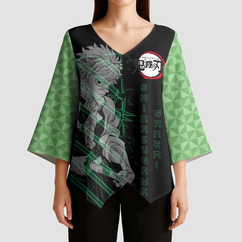 Shinazugawa Sanemi Demon Slayer Kimono Sleeve Blouse with Green and Black Grid Style Design - The Mazicc