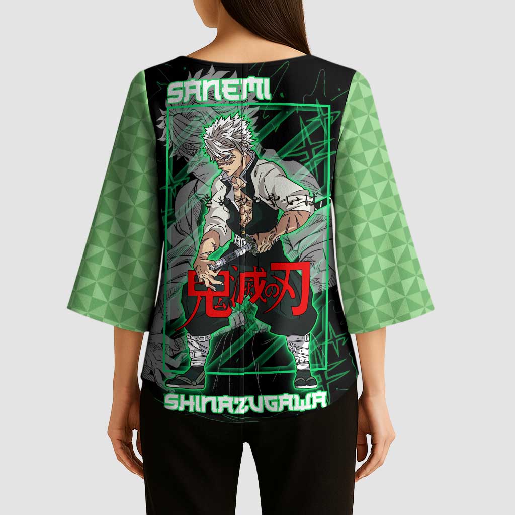 Shinazugawa Sanemi Demon Slayer Kimono Sleeve Blouse with Green and Black Grid Style Design - The Mazicc