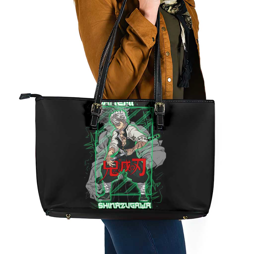 Shinazugawa Sanemi Demon Slayer Leather Tote Bag with Green and Black Grid Style Design - The Mazicc
