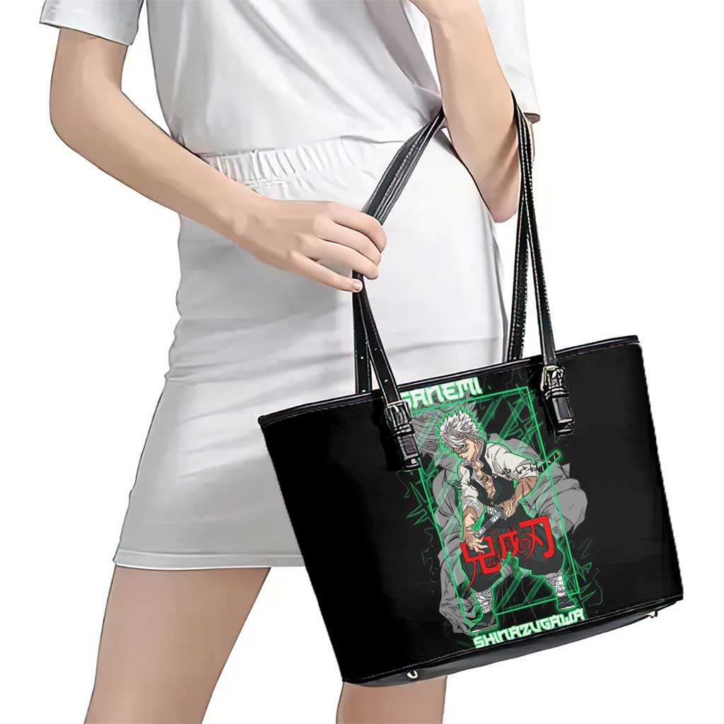 Shinazugawa Sanemi Demon Slayer Leather Tote Bag with Green and Black Grid Style Design - The Mazicc