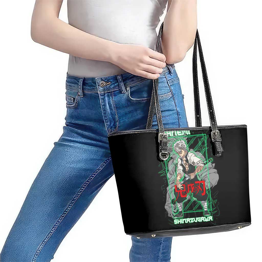 Shinazugawa Sanemi Demon Slayer Leather Tote Bag with Green and Black Grid Style Design - The Mazicc
