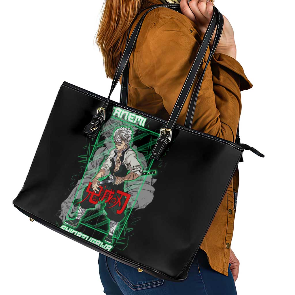 Shinazugawa Sanemi Demon Slayer Leather Tote Bag with Green and Black Grid Style Design - The Mazicc