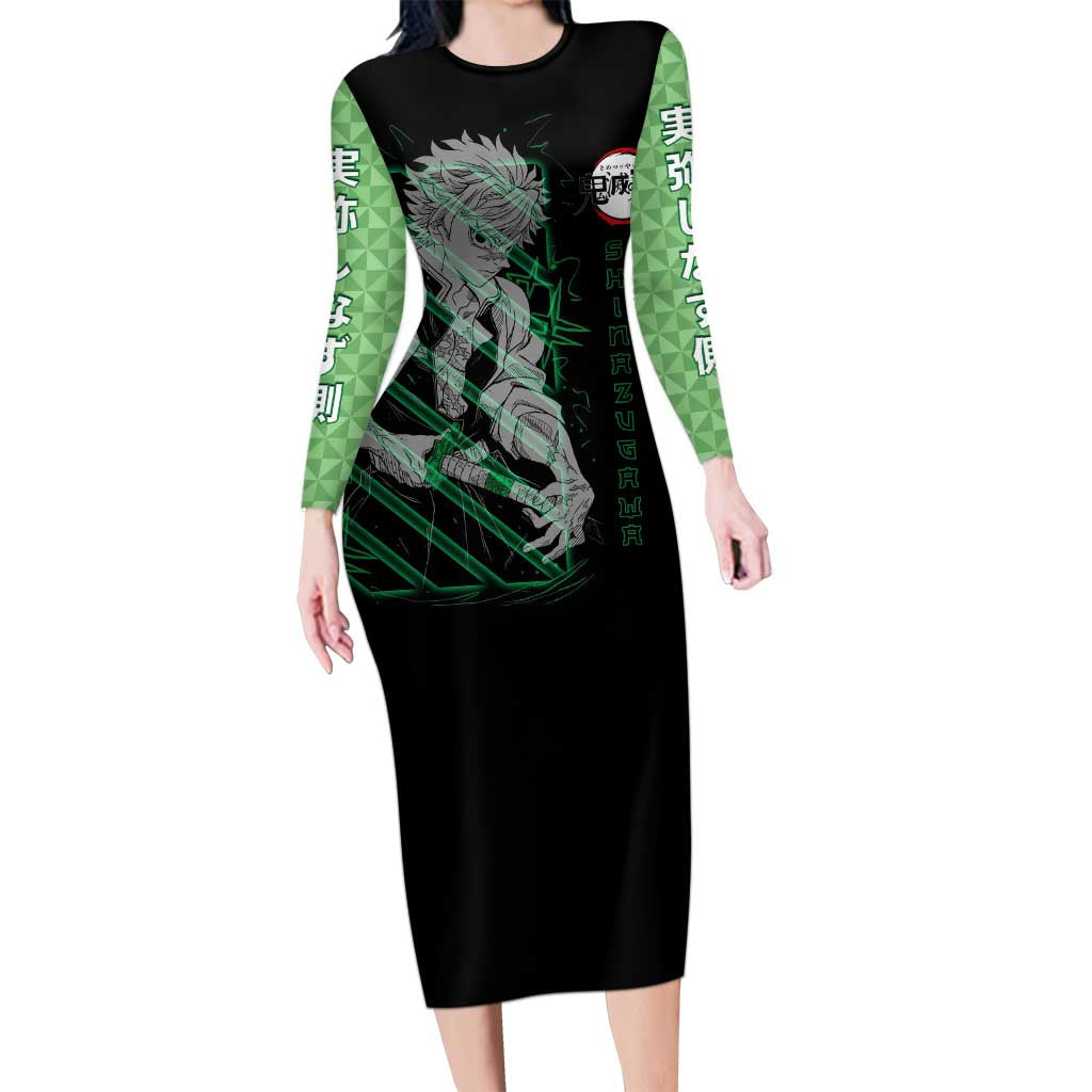 Shinazugawa Sanemi Demon Slayer Long Sleeve Bodycon Dress with Green and Black Grid Style Design - The Mazicc
