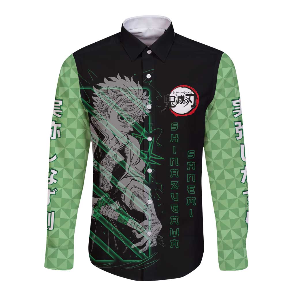 Shinazugawa Sanemi Demon Slayer Long Sleeve Button Shirt with Green and Black Grid Style Design - The Mazicc
